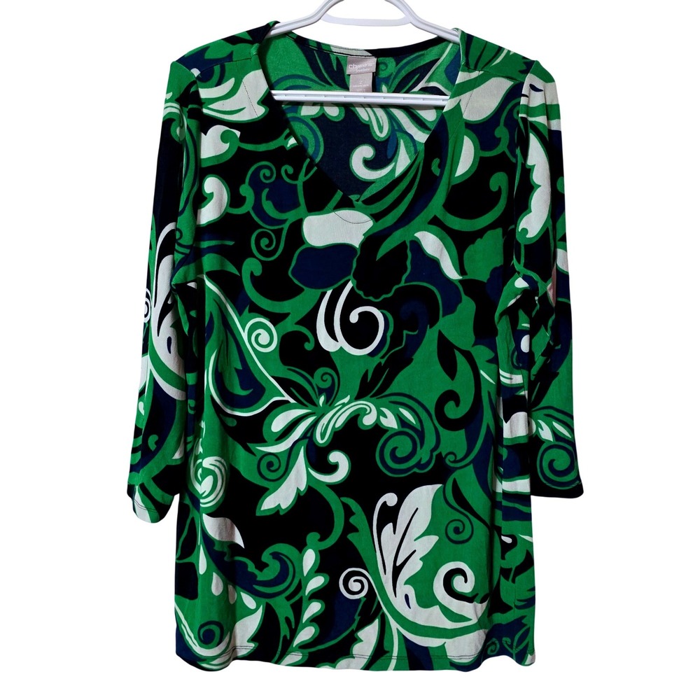 Chico's Women 2 Large Tunic Green Navy Paisley Travelers V-Neck 3/4 Sleeve Top